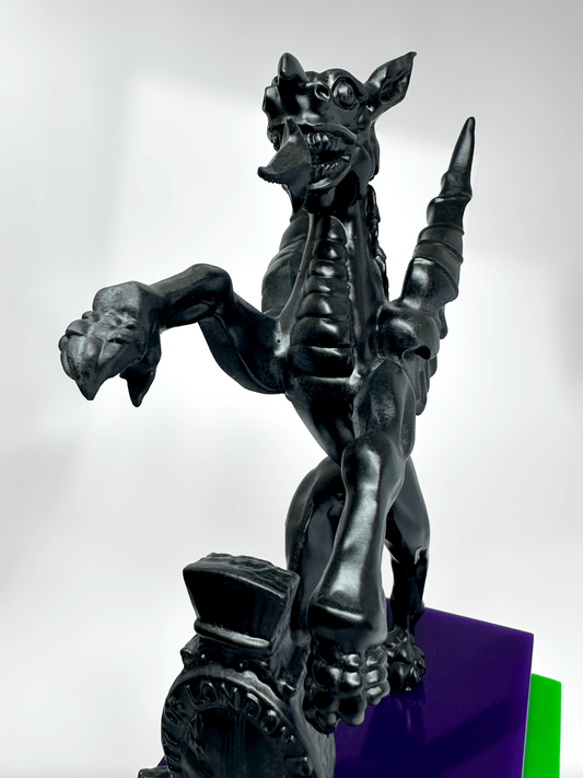 3D printed engineering resin griffin, hand-sculpted clay master detail showing scales and talons in matte black finish