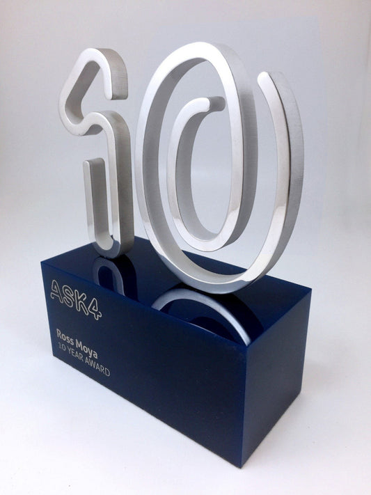 Aluminium and blue acrylic bespoke awards with silver text
