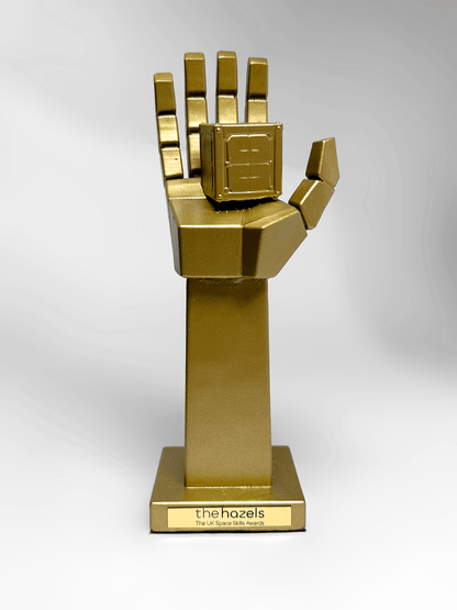 A single metallic gold hand-shaped sculptural award mounted on a rectangular pedestal base with a small plaque reading 'the hazels'. The object is photographed against a clean light gray studio background.