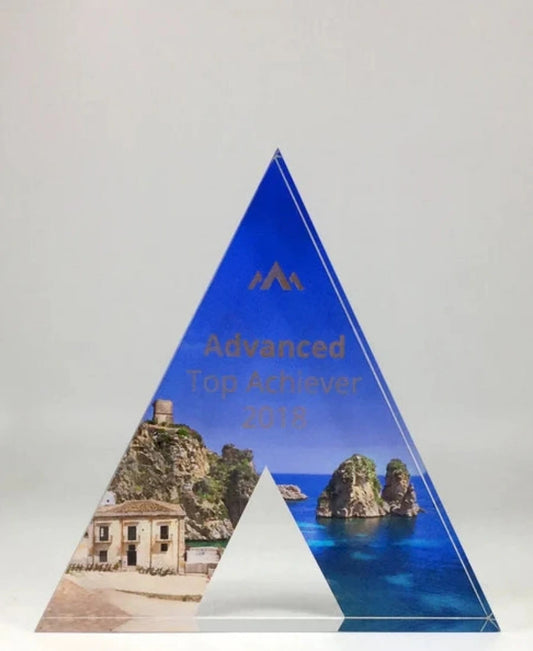 Triangular award with printed design and engraved text