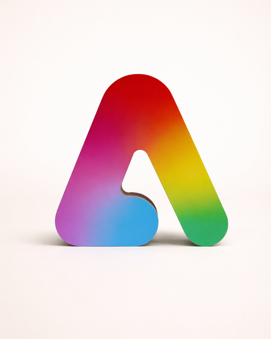 Colorful letter 'A' award with a gradient of red, orange, yellow, green, and blue on a white background