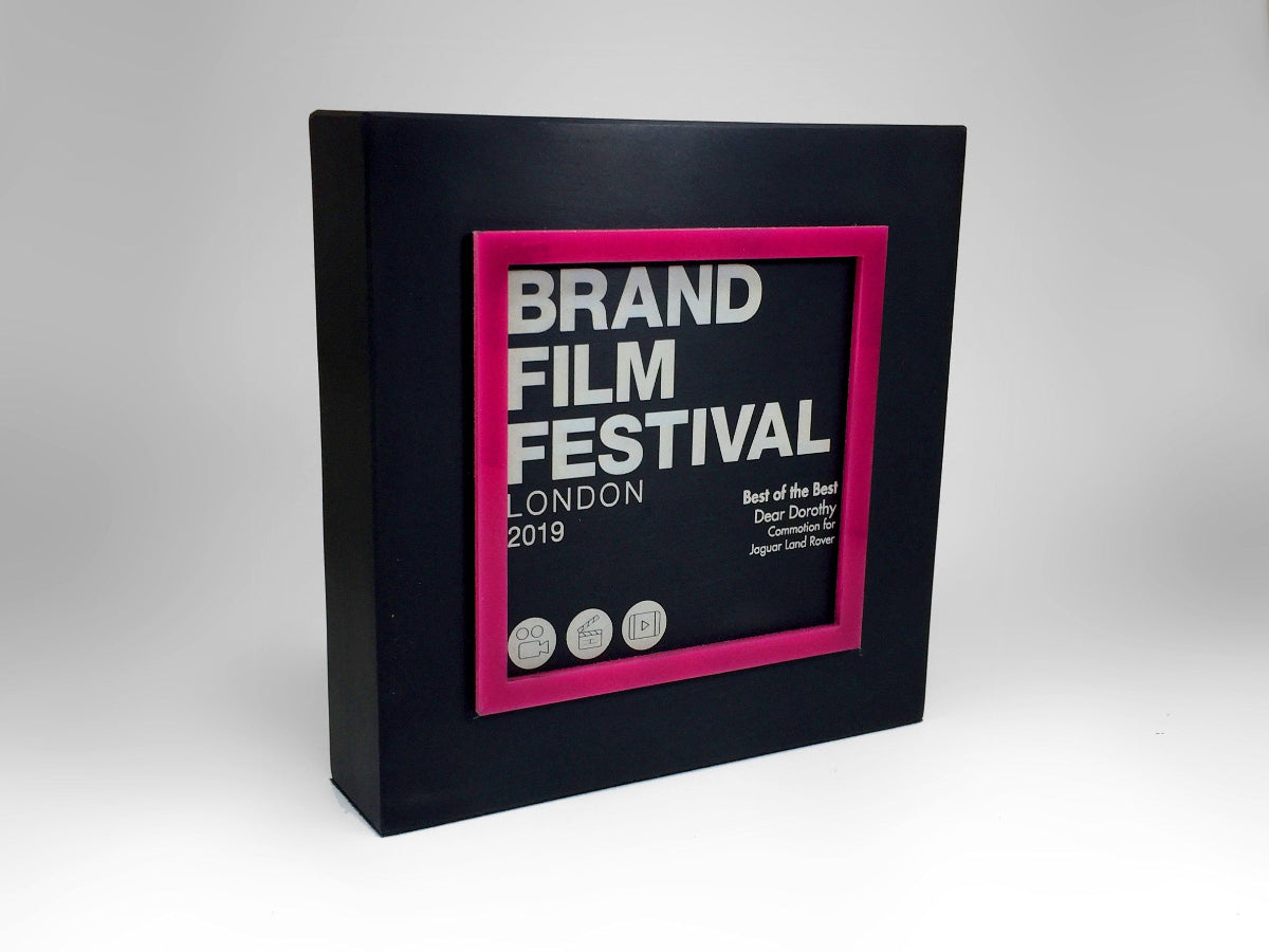 Black box award with 'Brand Film Festival London 2019' text on a white background