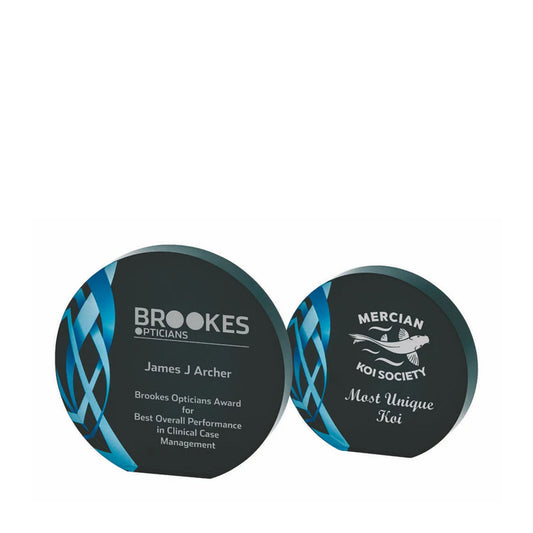 Circular Blue Glass Award with Black Background 110mm, 140mm