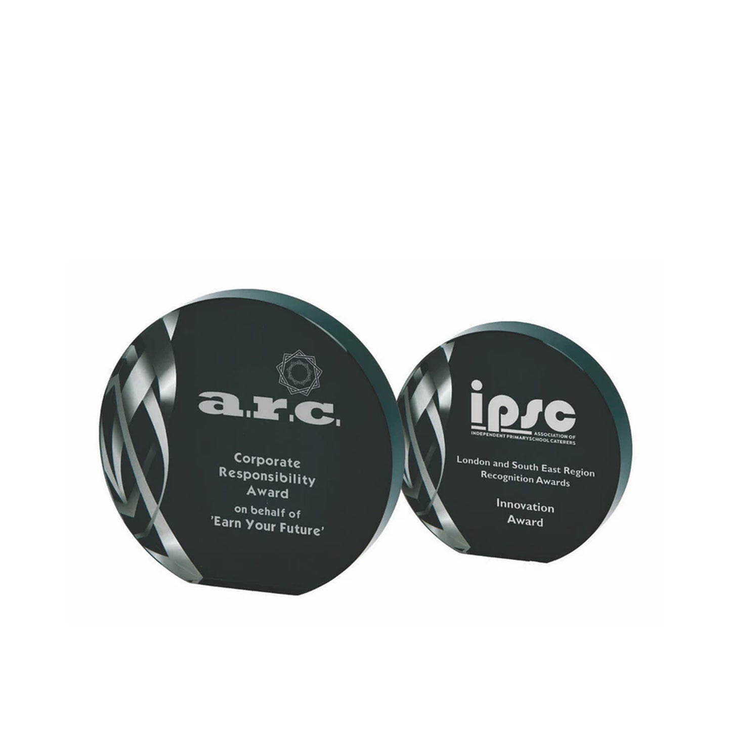 Circular Silver Glass Award with Black Background 110mm, 140mm