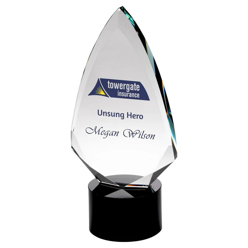 Clear Glass Arrowhead (20mm thick) on Round Black Base 230mm, 250mm, 265mm