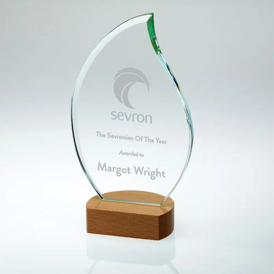 Clear Glass Flame on Light Wood Base 190mm, 210mm, 230mm