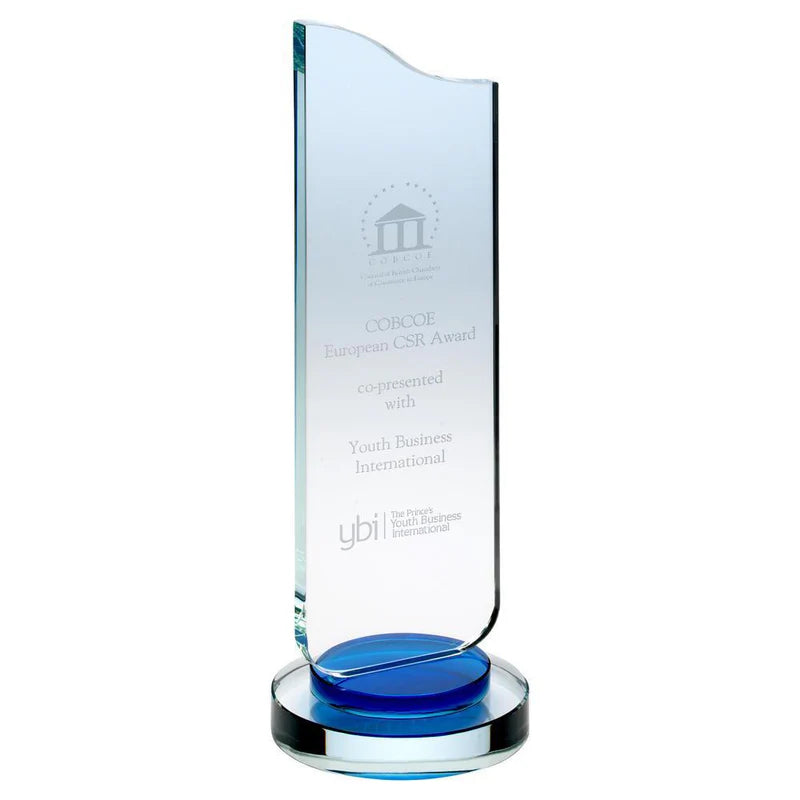 Clear Glass Plaque with Blue Collar on Round Base 250mm, 300mm, 350mm