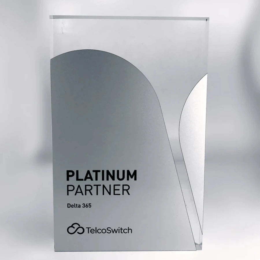 Clear acrylic award with metallic profile and printed text