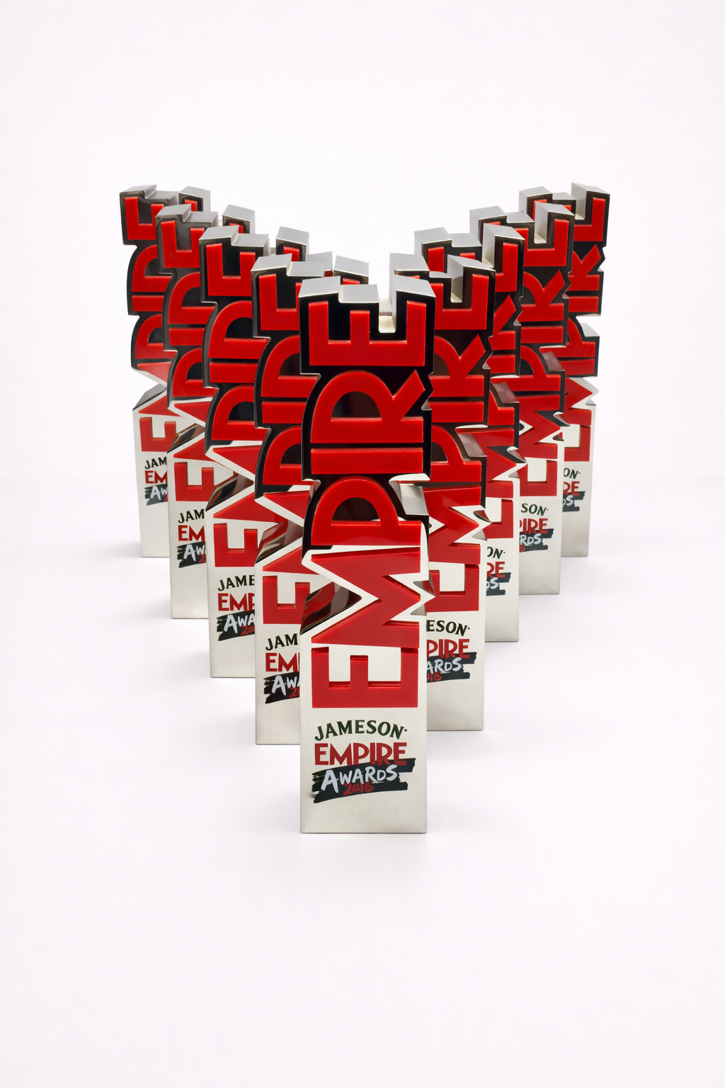 Red and white Empire Awards trophy on a white background