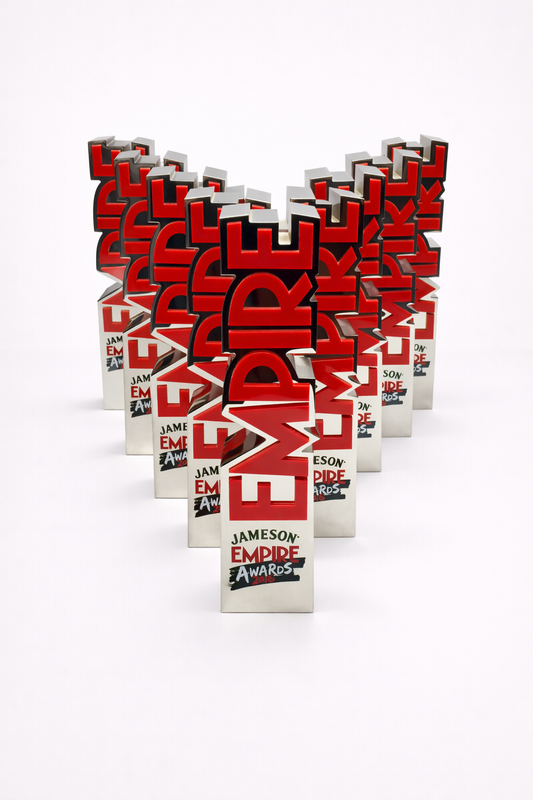 Red and white Empire Awards trophy on a white background
