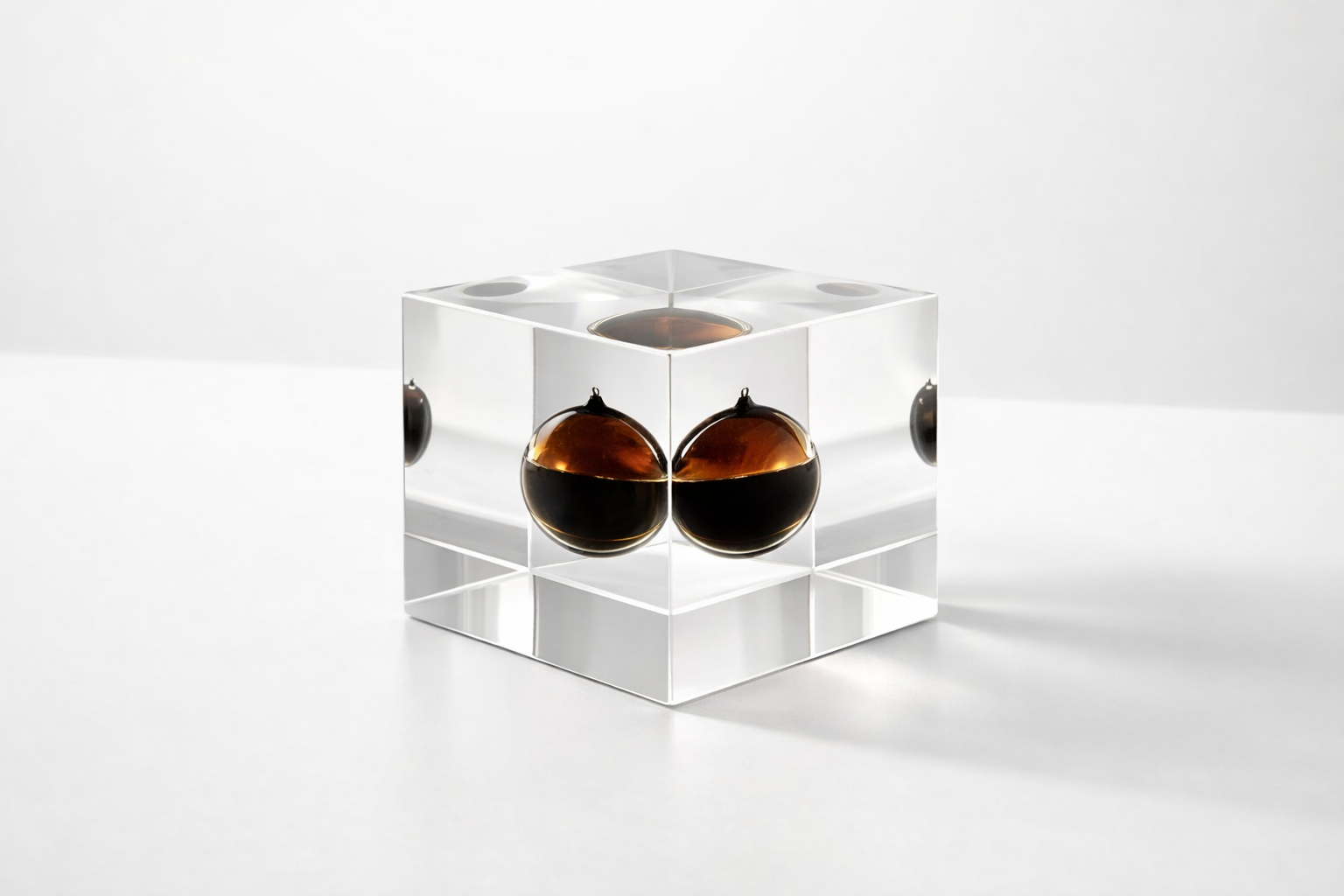 Clear cube deal toy with a spherical globe with oil inside on a white background