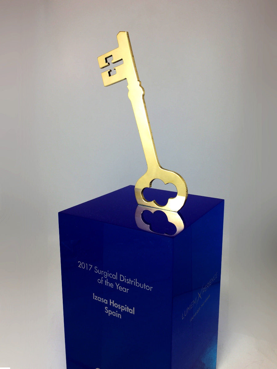 Gold Key on Blue Acrylic Base