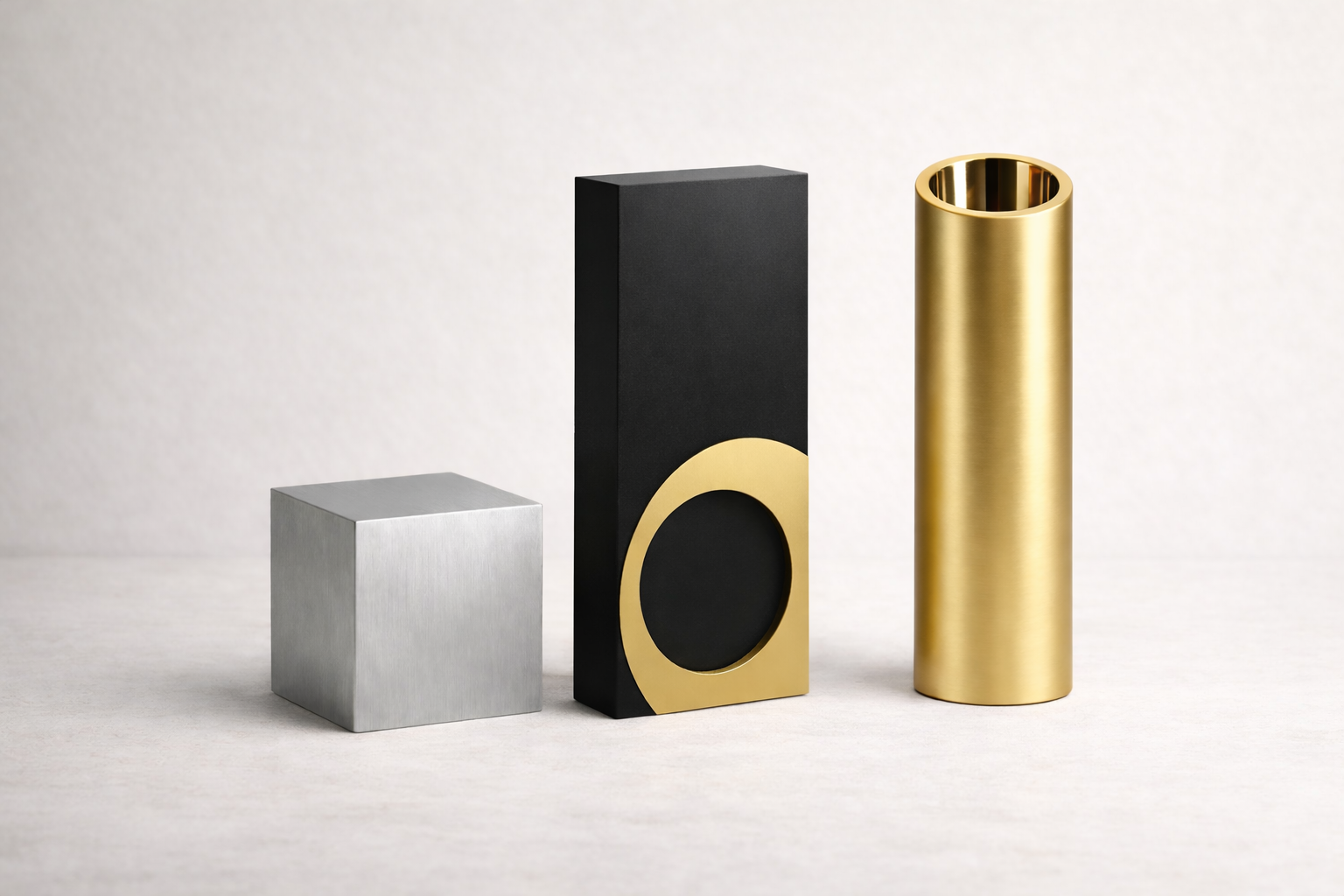 Three metal awards on a light gray background. Small cube, large tower and tall cylinder.