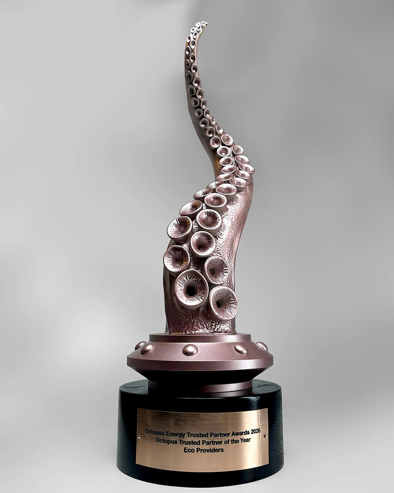 Bronze octopus tentacle trophy with suckers, on a round black base with a plaque reading "Octopus Energy Trusted Partner Awards 2026, Eco Providers".