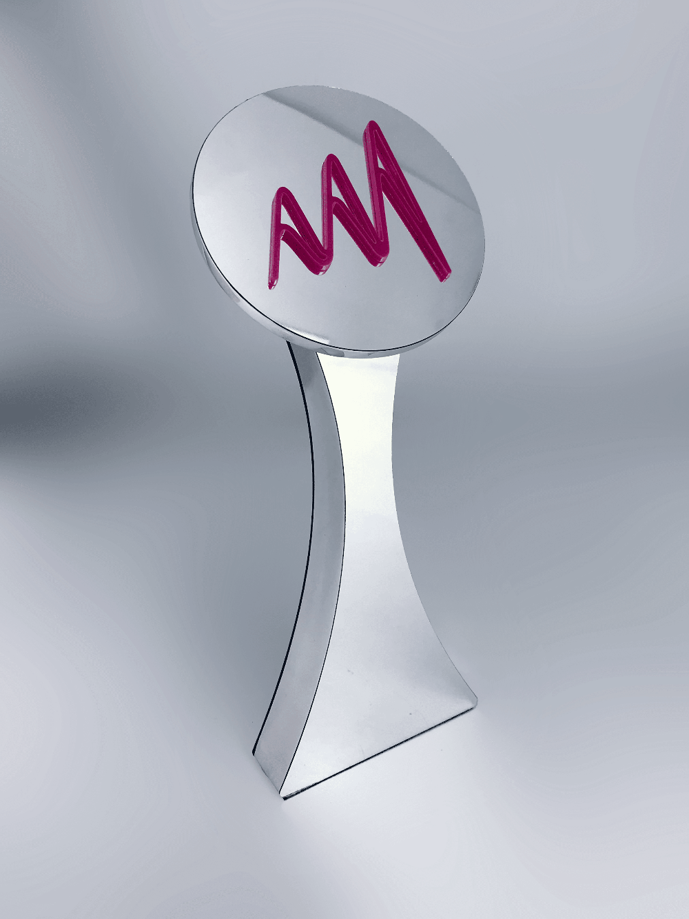 Bespoke Pink Flash Award, polished mirror aluminium trophy with pink Perspex "AMA" logo on a circular disc