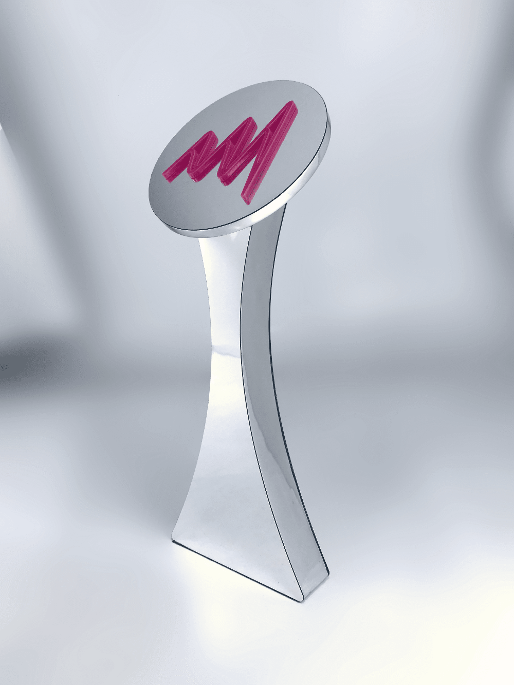 Three-quarter view of waterjet-cut aluminium trophy with curved stem and pink Perspex Artist & Manager Awards logo