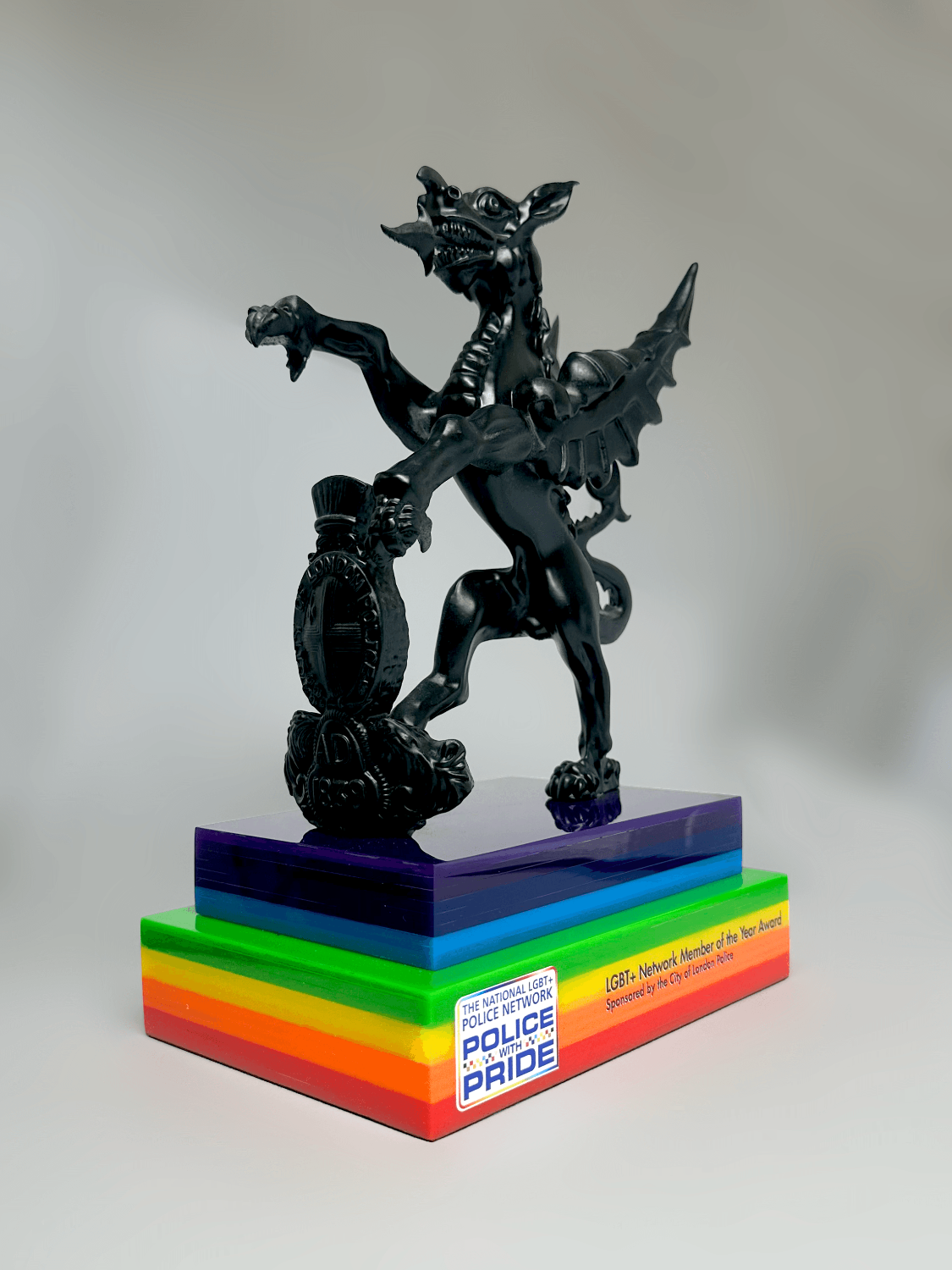 UV-printed Pride flag acrylic base showing Police with Pride branding and LGBT+ Network Member of the Year Award title