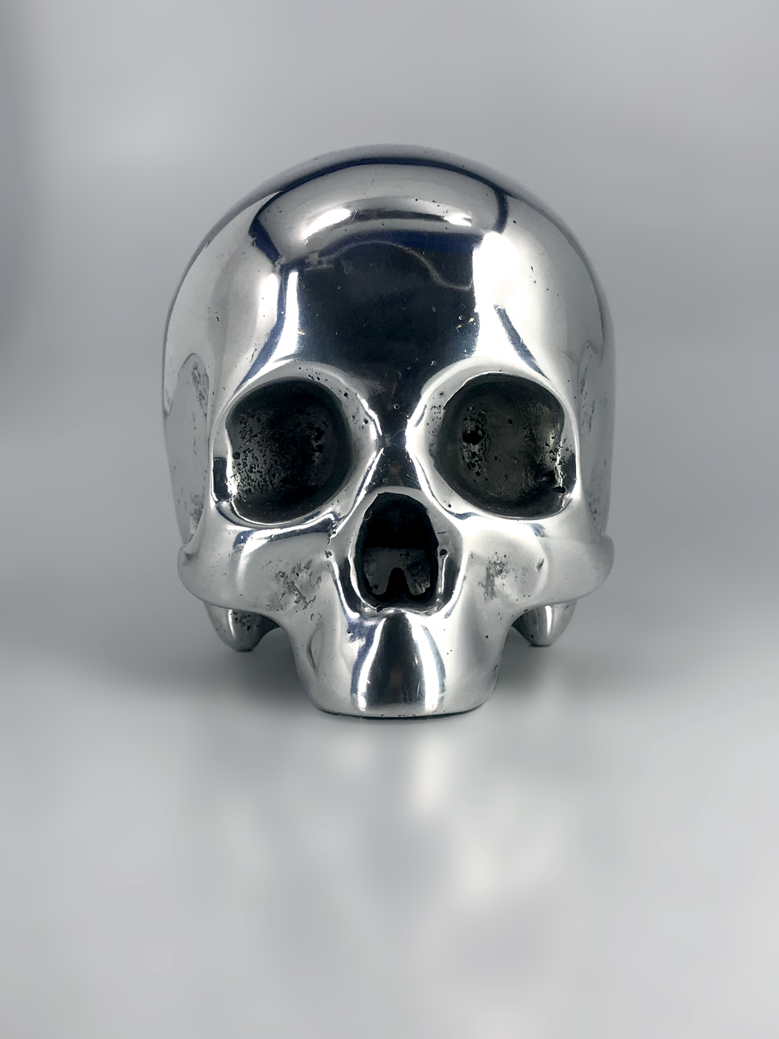 Metallic skull award in a product studio on a gray background