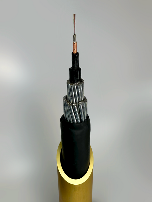 Close-up of a cable style award with metallic core and black sheath on a gray background