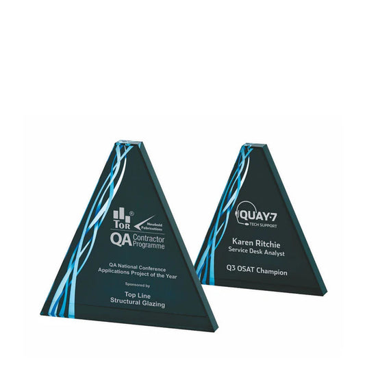 Triangular Blue Glass Award with Black Background 160mm, 200mm