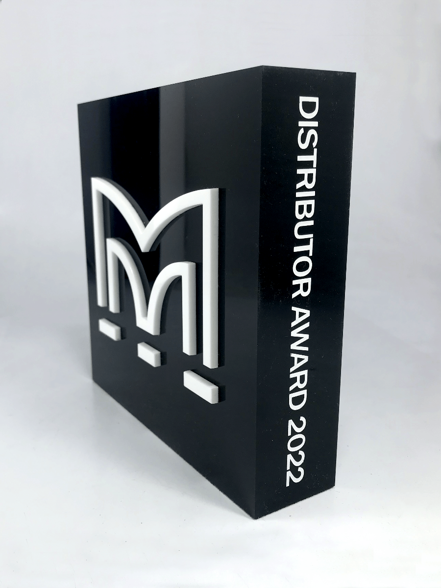 White Perspex M on Black Acrylic Award 