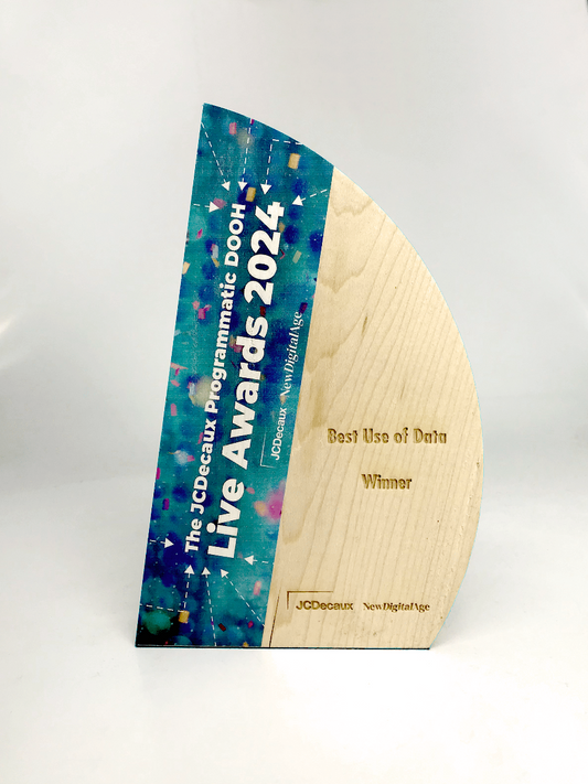 Wooden award with blue and gold design on a white background