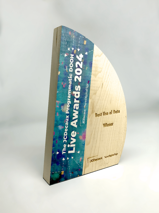 Wooden award engraved with "best use of data" 