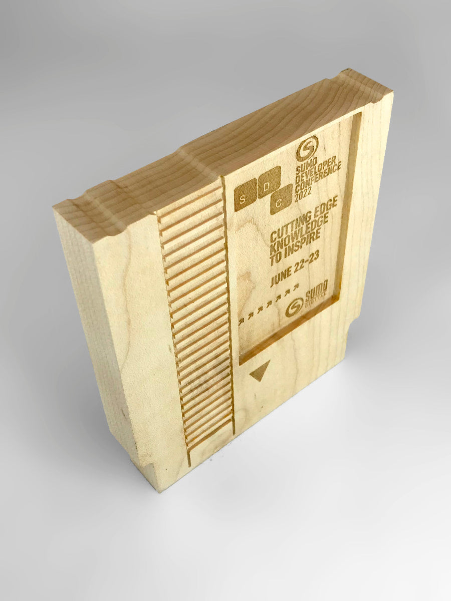 Wooden copy of a nintendo NES Cartridge made into a modern award