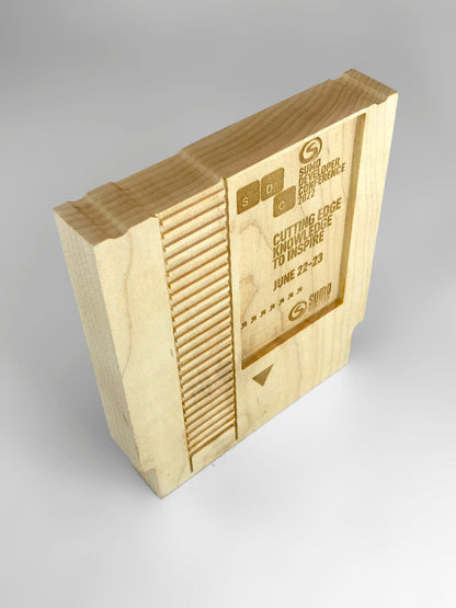 Wooden copy of a nintendo NES Cartridge made into a modern award