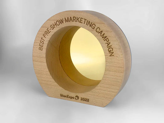 Wooden Eclipse award with 'Best Pre-Show Marketing Campaign' text on a white background
