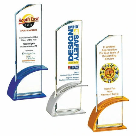 Clear Glass Award with Metal Base 250mm, Gold, Silver or Blue