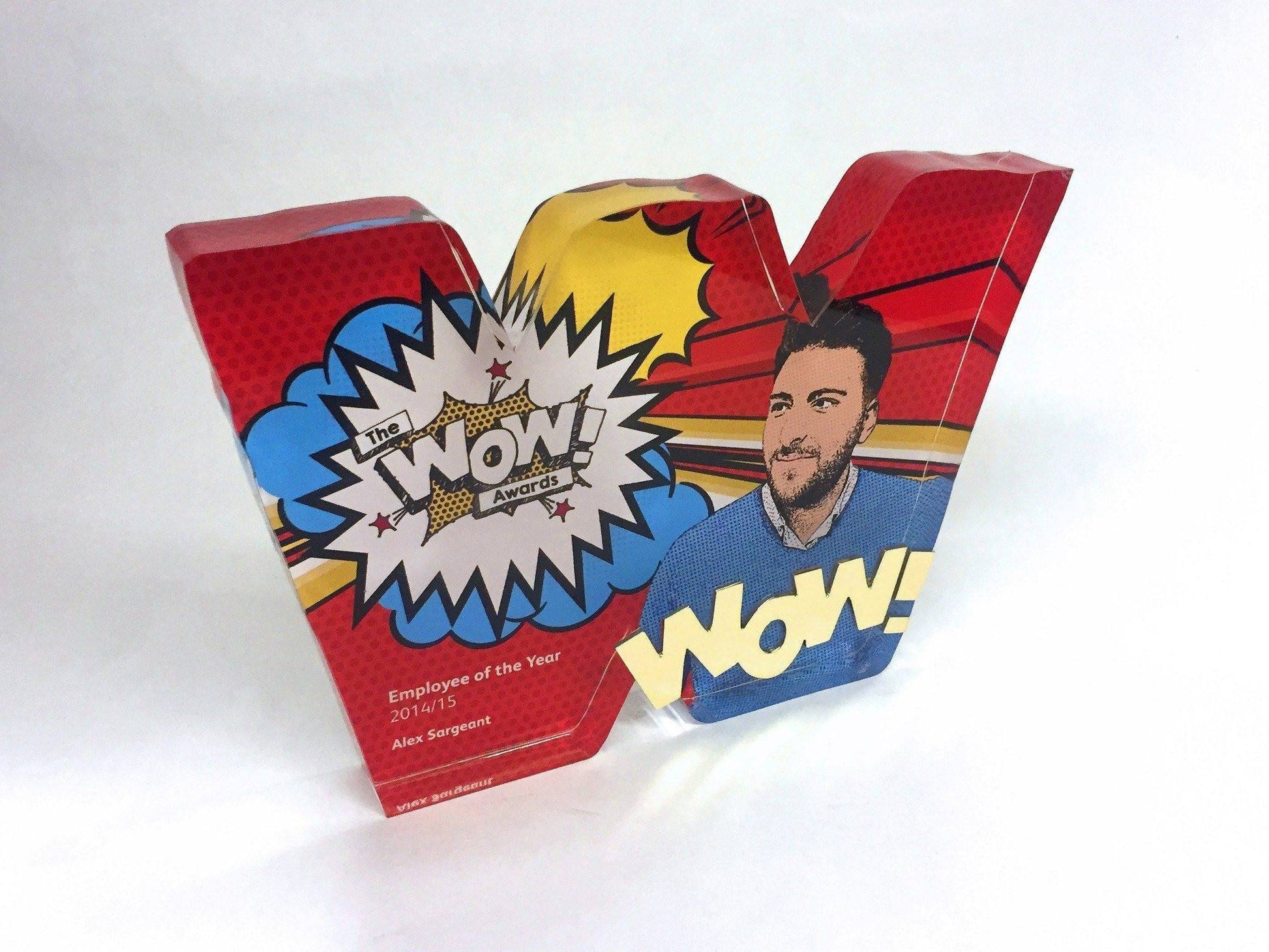 Full size image of The Award Maker Studio's WOW award, custom printed for employee of the year awards on a white background.