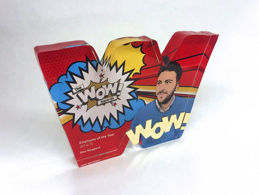 Full size image of The Award Maker Studio's WOW award, custom printed for employee of the year awards on a white background.