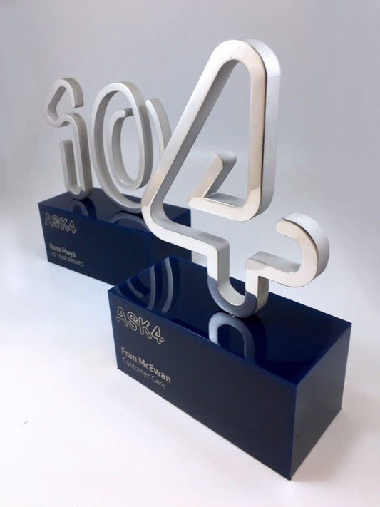 Aluminium and blue acrylic bespoke awards with silver text