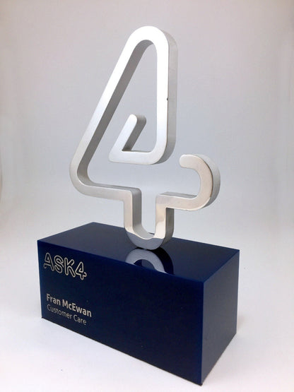 Aluminium and blue acrylic bespoke awards with silver text