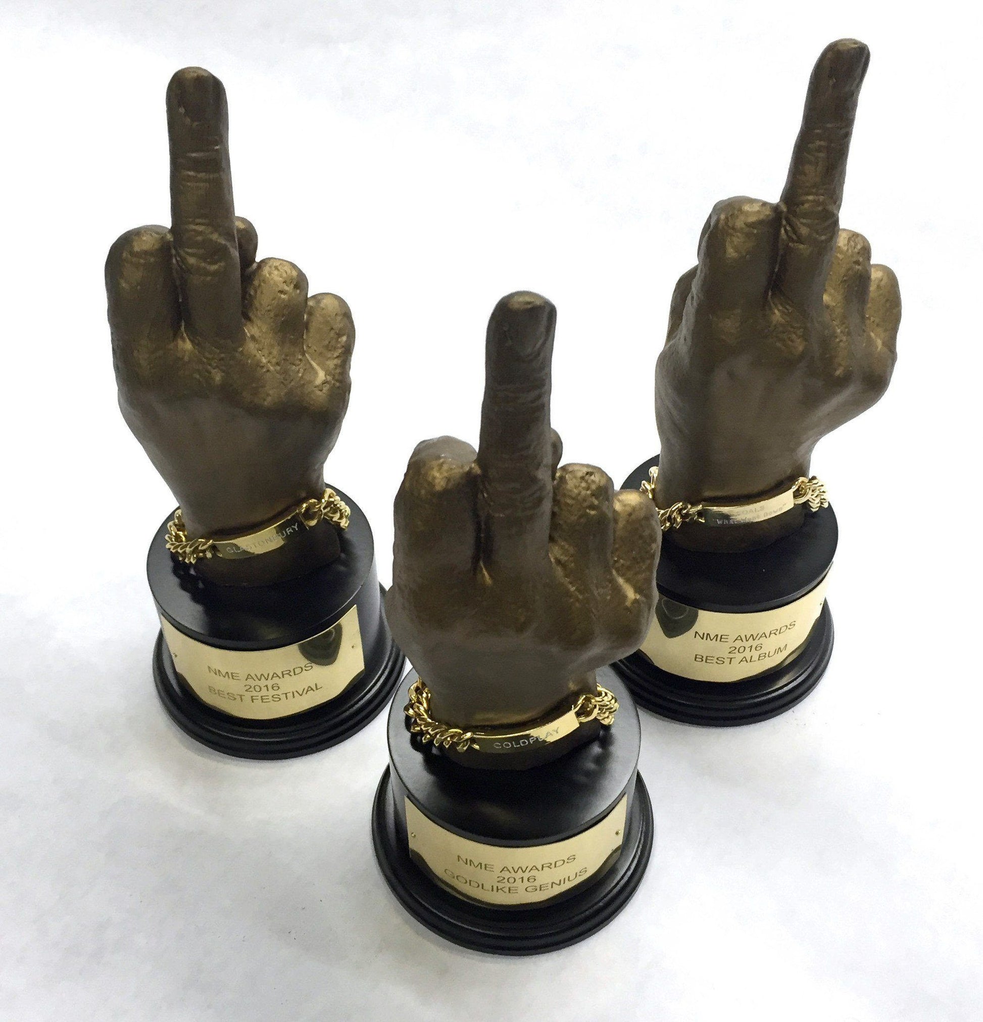 Overhead shot of 3D printed gold awards, custom made for the 2016 NME awards