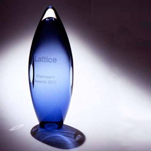 Blue glass award with 'Lattice' and 'Chairman's Awards 2001' text on a dark background